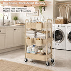 3 Tier Beige Rolling Storage Cart Metal on Wheels, Cream Three Tiered Diaper - Image 6