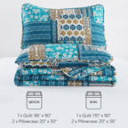 Mybedsoul Dusty Blue Quilt Set King Size, 3 Pieces Plaid Floral Bedspread Set - Image 7