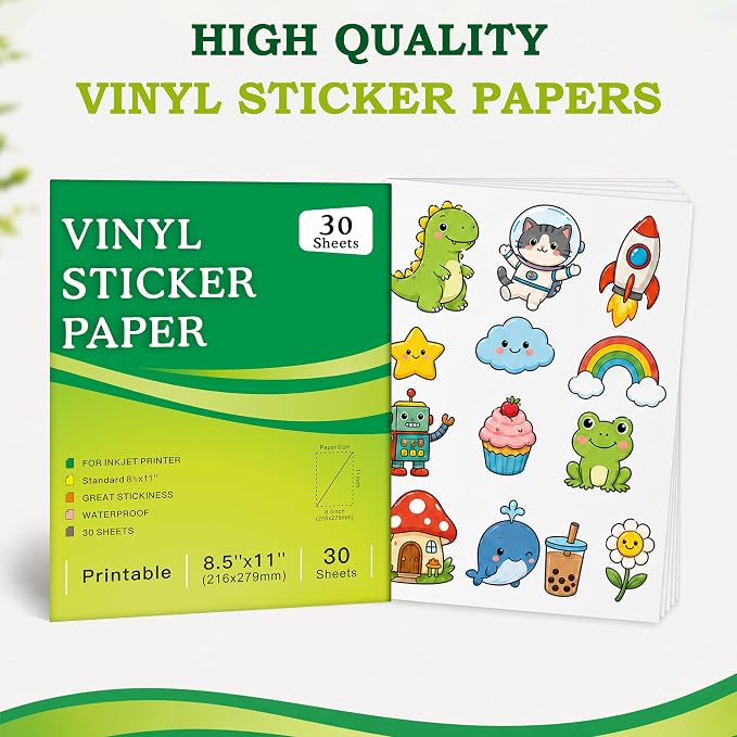 Aevdor 30-Sheet Glossy White Printable Vinyl Sticker Paper, Inkjet | Glossy - Image 2