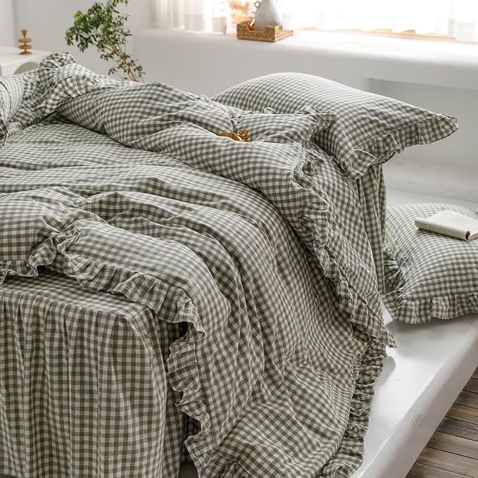 mixinni Green Gingham Ruffle Duvet Cover Twin XL Size 3 Pieces – 100% Washed - Image 5