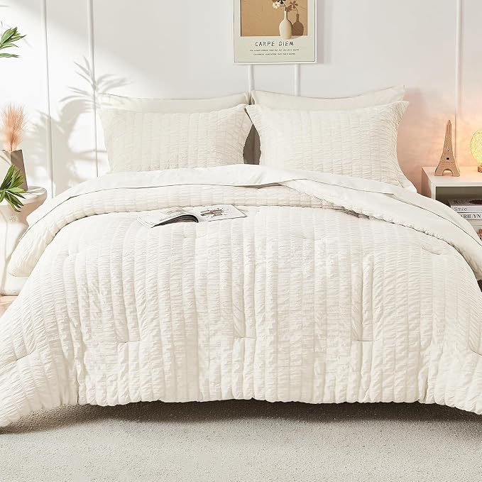 HYMOKEGE Ivory King Size Comforter Set Seersucker 7 Pieces, All Season Luxury - Image 9