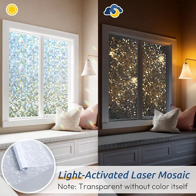 rabbitgoo Stained Glass Window Privacy Film, Mosaic Pattern, 17.5" x 78.7" | - Image 2
