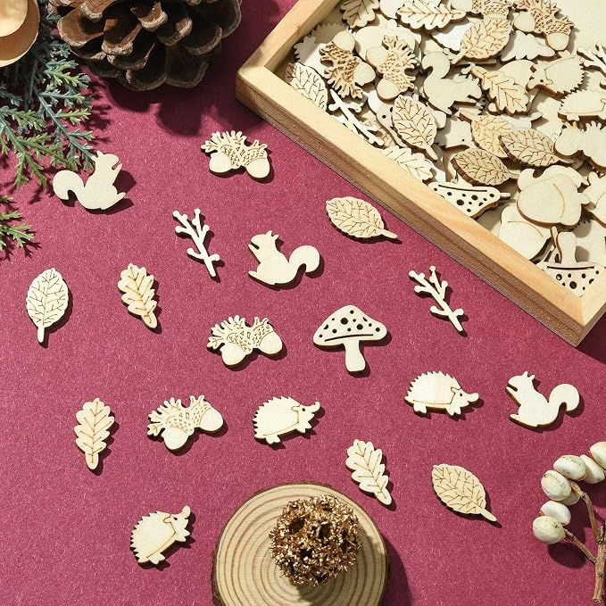 200 Pcs Unfinished Wooden Animal Plants Cutouts Squirrel Hedgehog Leaf Shapes - Image 5