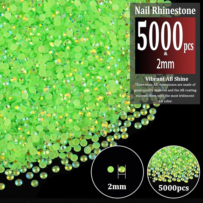 5000pcs 2mm Resin Rhinestones Bulk, Fluorescent Green AB Flatback Round Jelly - Image 2