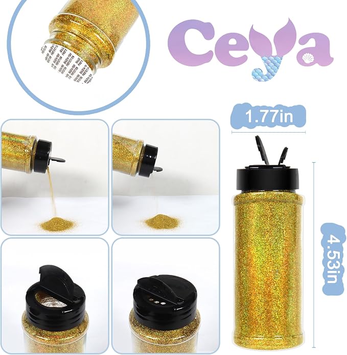 Ceya 3.8oz/ 110g Holographic Ultra Fine Glitter Powder Laser Cyan Gold Glitter - Image 4