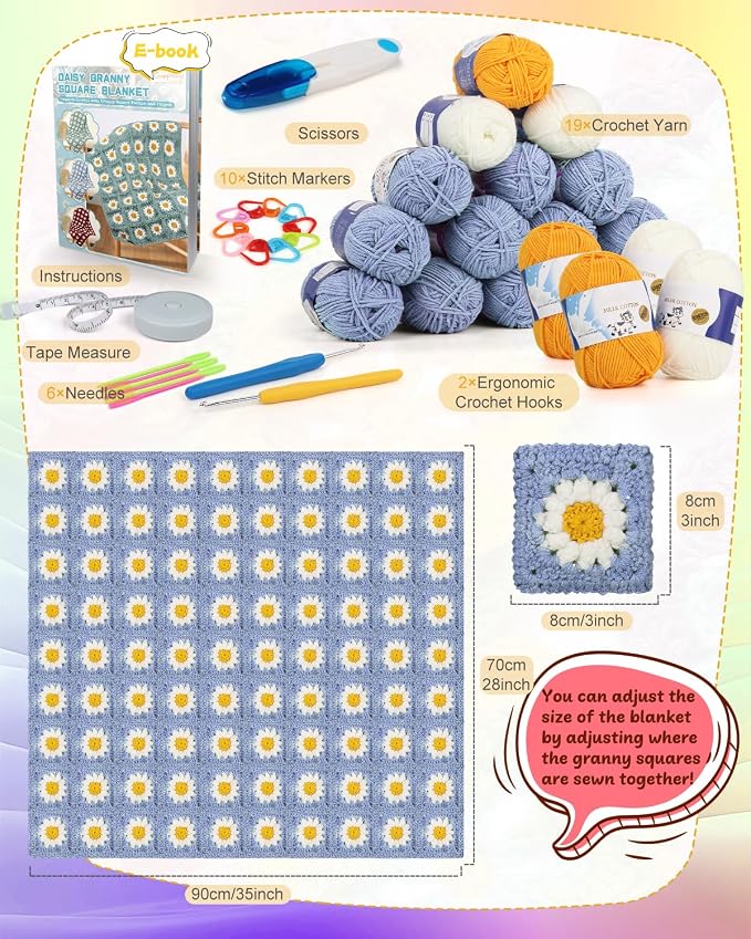 Coopay Crochet Kit Beginners for Blanket, Granny Squares Crochet Blanket Kit w - Image 6