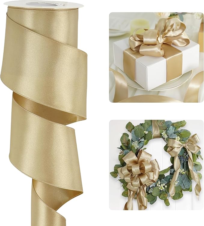 HUIHUANG Champagne Satin Wired Ribbon 2.5 inch Champagne Gold Wire Edge Ribbon by HUIHUANG