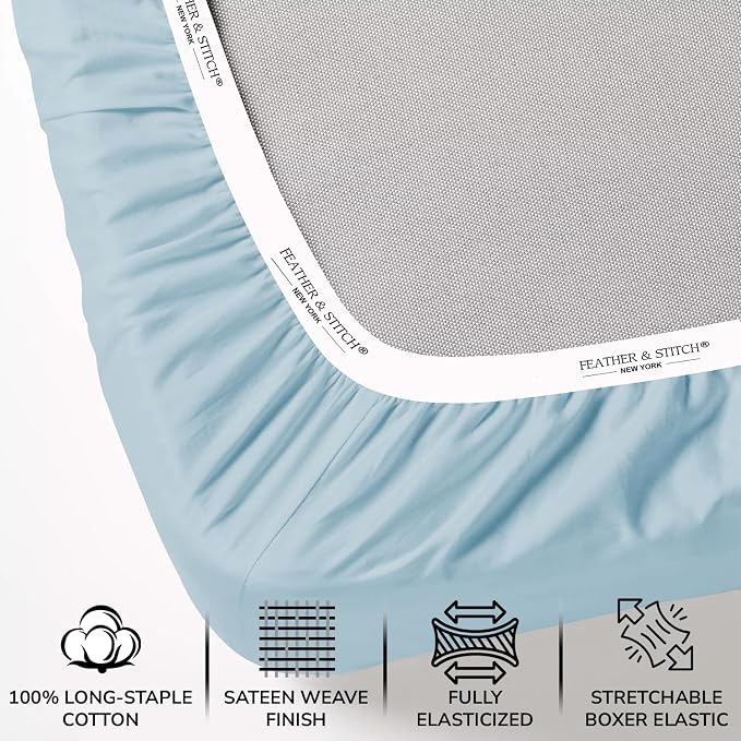 Feather & Stitch 1 Piece Fitted Sheet Twin Size, 100% Cotton Damask Sateen Weave - Image 2