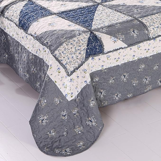 Patchwork Quilt Set King Size Quilted Bedspread Coverlet Set 3-Piece Grey - Image 9