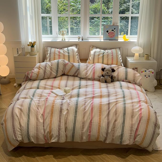 mixinni Vintage Striped Duvet Cover Set Full, 3-Piece 100% Washed Cotton - Image 2