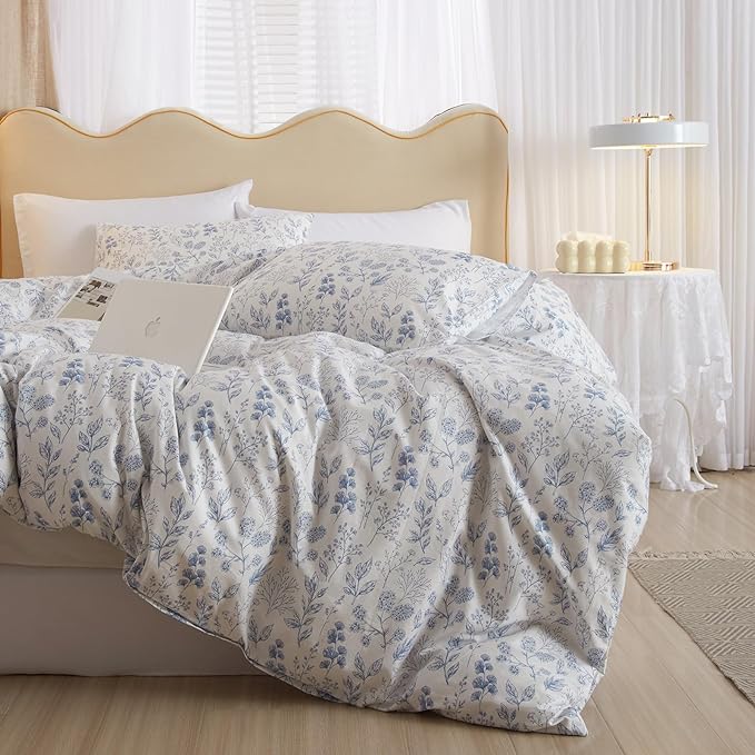 mixinni Small Floral Print Duvet Cover Queen Blue Flower Leaf Duvet Cover Set by mixinni