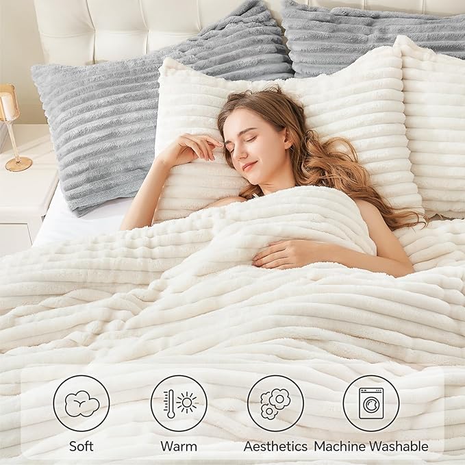 BEDELITE Fleece King Comforter Set -Super Soft & Warm Fluffy Cream White Bedding - Image 5