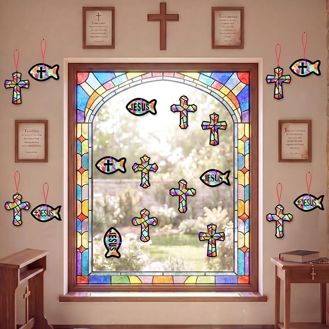 48PCS Sunday School VBS Crafts Bulk: Paper Cross Fish Nativity Suncatchers - Image 7