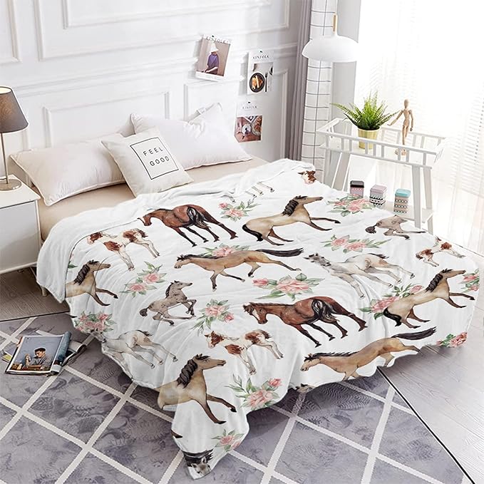 Horse Rose Blanket for Teen Flowers Throw Blanket Gifts for Girls Boys Soft Throws Blankets All Seasons 50×60 Inches for Bed Office