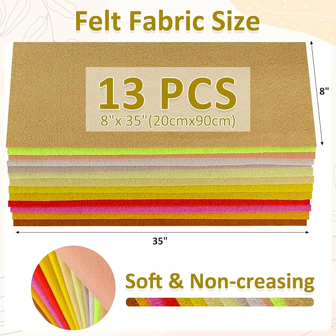 XSEINO 13 Rolls 8"x35" 1.4mm Thick Soft Felt Fabric Sheet 13 Assorted Yellow - Image 3