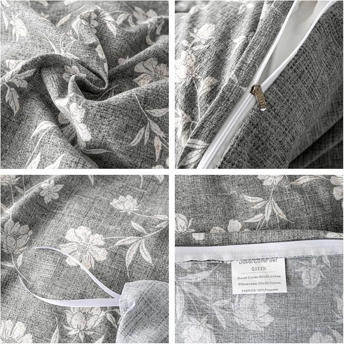 OAITE Grey Flower Twin Size Duvet Cover-3 Pieces Prewashed Cotton-Like - Image 4