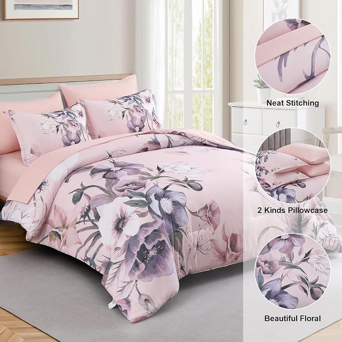 Luxudecor Floral Comforter Set Full Size 7 Piece, Blush Pink Flower Bed in a Bag - Image 6