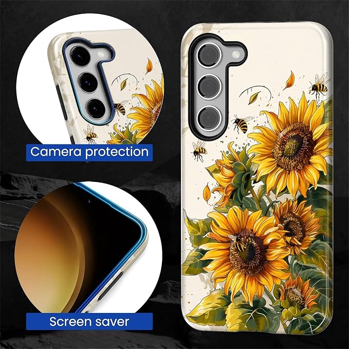 for Samsung Galaxy S23 Case, Sunflowers Bees Pattern Glossy 2 in 1 Shockproof - Image 6