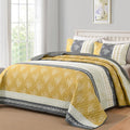 DJY Yellow Boho Quilt Set Queen Size, Striped Floral Yellow and Grey Bedspread by HOME