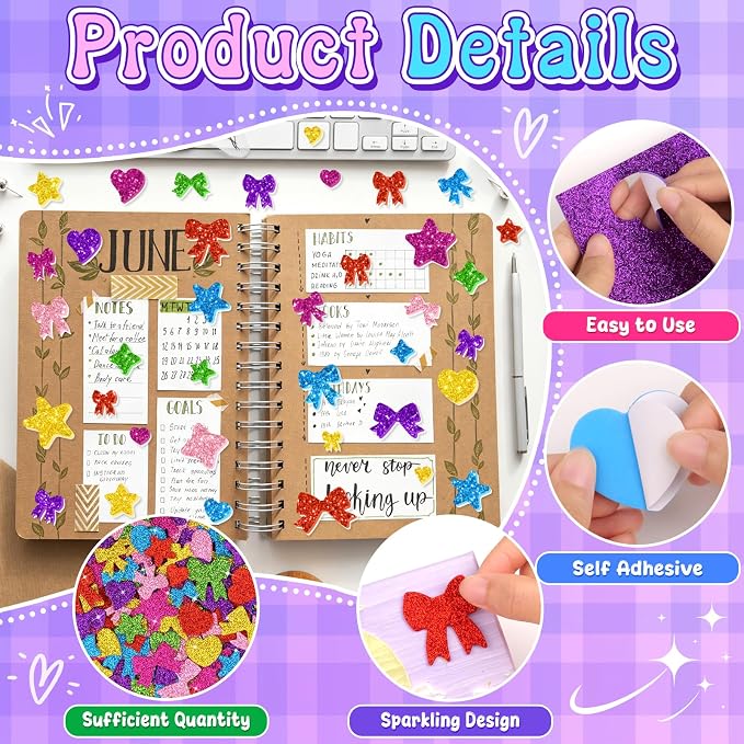 875PCS Glitter Foam Stickers, Colorful Heart & Star & Bow Stickers, - Image 3