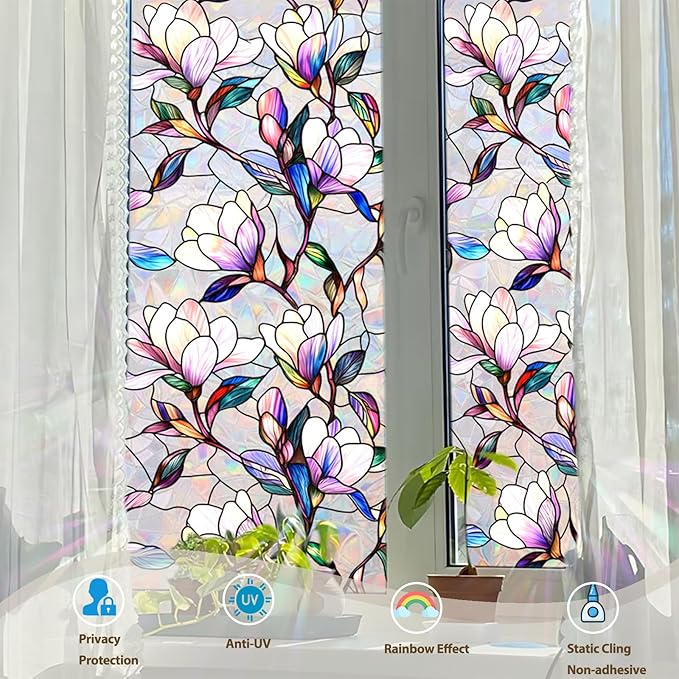 Rainbow Magnolia Stained Glass Window Privacy Film 17.5"x78.7" | Static - Image 2