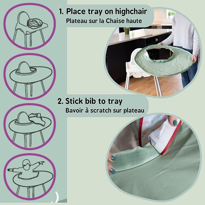 Tidy Tot- Baby Bib & Tray Kit - Mess Proof Long Sleeve Smock Attaches to Feeding Mat, Waterproof Bib - Fits Babies 6-24 Month