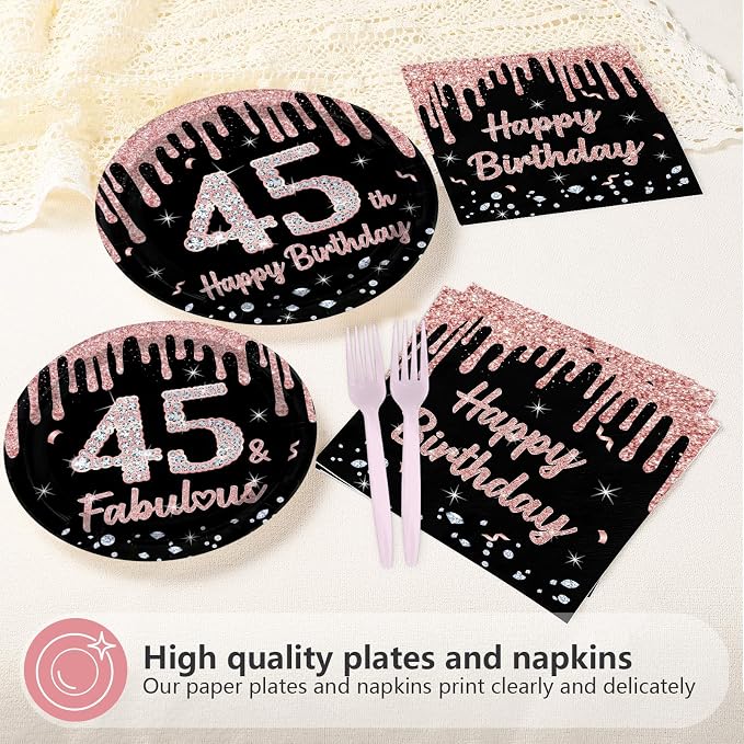 96 Pcs 45th Birthday Party Decorations Rose Gold and Black Happy 45th Birthday - Image 4