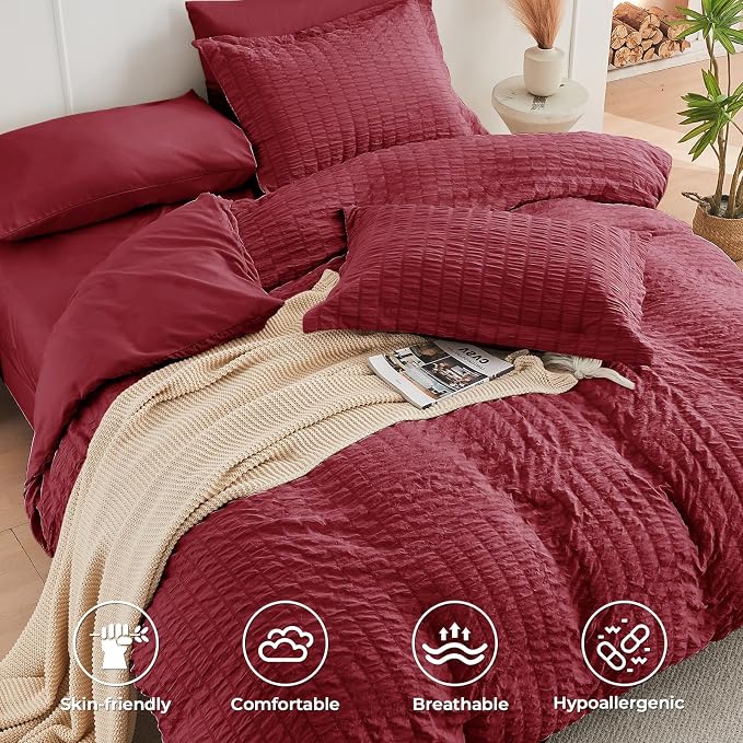 HYMOKEGE Burgundy Queen Comforter Set Seersucker 7 Pieces, All Season Luxury - Image 3