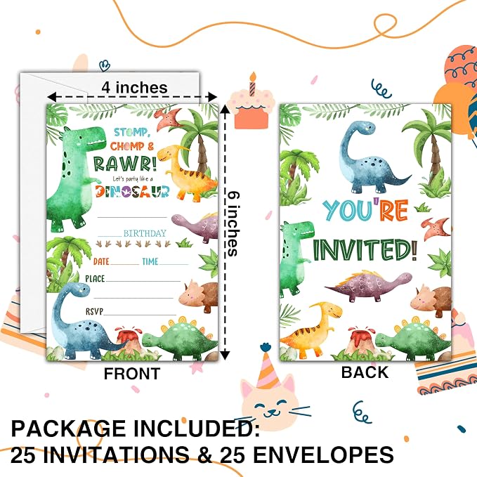 Dinosaur Birthday Invitations, 25 Double-Sided Invitation Cards - Image 2
