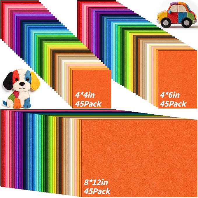 135PCS Felt Fabric Sheets Kit 45 Colors 2mm 3 Size Craft Felt Sheets | 4x4 by Oleitodh