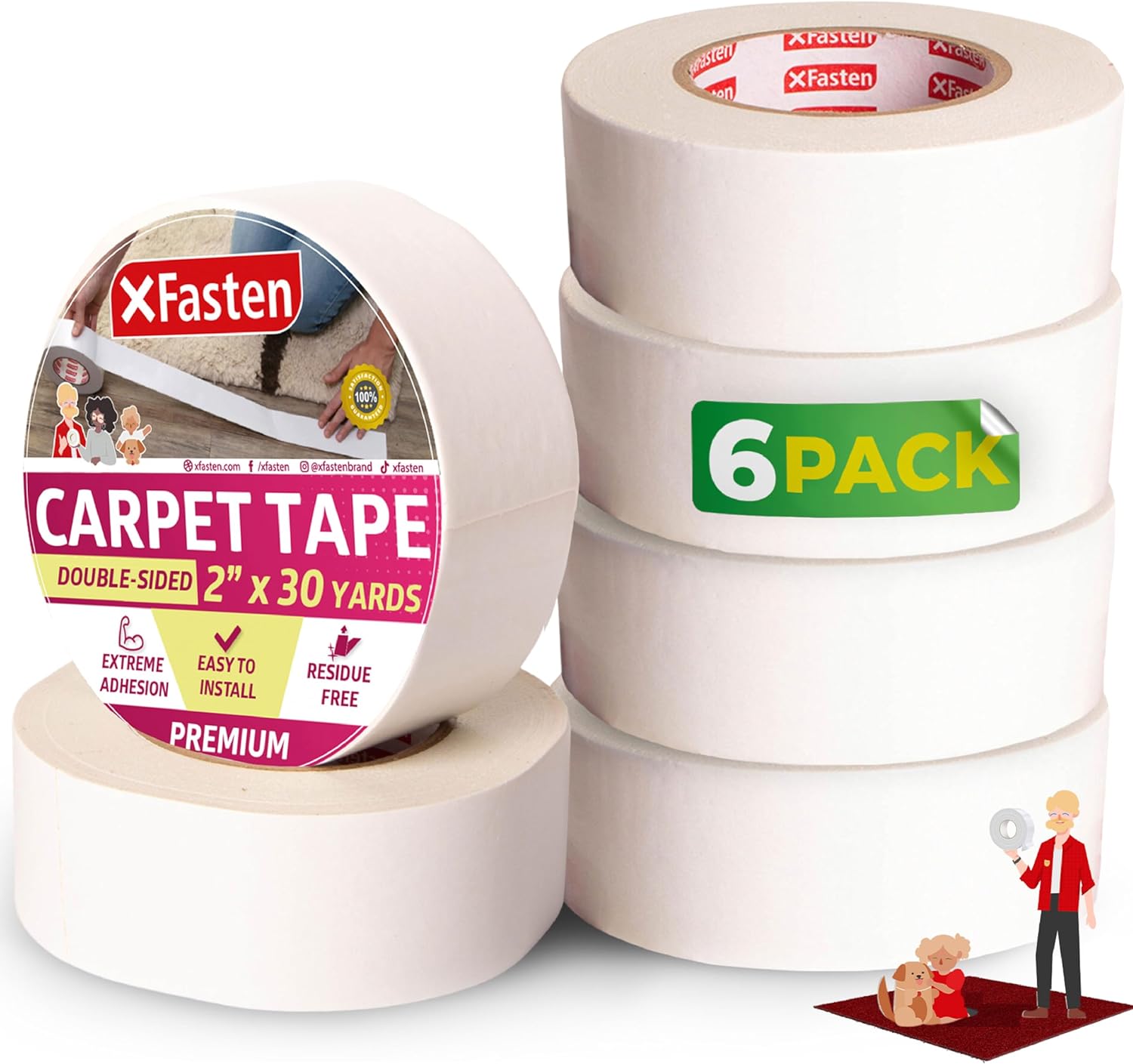 XFasten Double Sided Carpet Tape for Area Rugs, 2 Inch x 30 Yards (6-Pack) – Heavy Duty Anti Slip Rug Grip Tape, Works as Rug Gripper, Wood Safe, Easy Removal for Hardwood and Laminated Floors