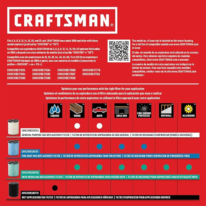 CRAFTSMAN CMXZVBE38751 Genuine 5-20 Gal. Fine Dust Wet Dry Vacuum Filter | Fits - Image 7