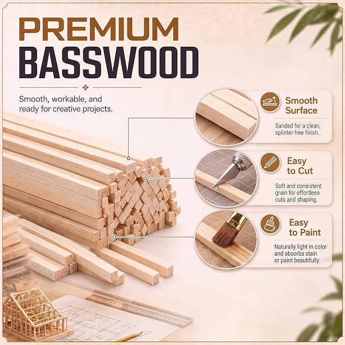 100pcs Basswood Strips 1/8 x 1/8 x 24 Inch Balsa Wood Strips Natural Wood - Image 3
