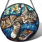 DASTOLL Stained Glass Window Hanging Gray Cat and Remote Control Large 15" by DASTOLL