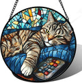 DASTOLL Stained Glass Window Hanging Gray Cat and Remote Control 7.8" by DASTOLL