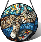 DASTOLL Stained Glass Window Hanging Gray Cat and Remote Control 7.8" by DASTOLL