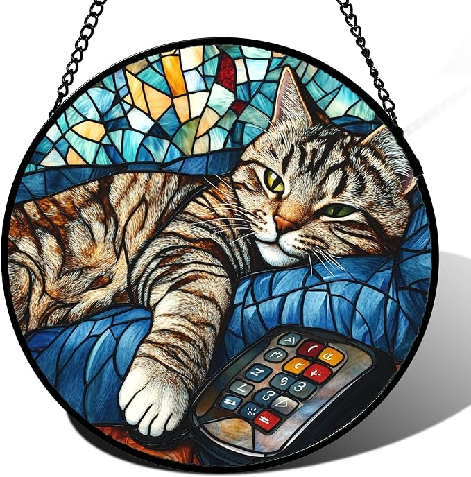 DASTOLL Stained Glass Window Hanging Gray Cat and Remote Control 6.3" by DASTOLL