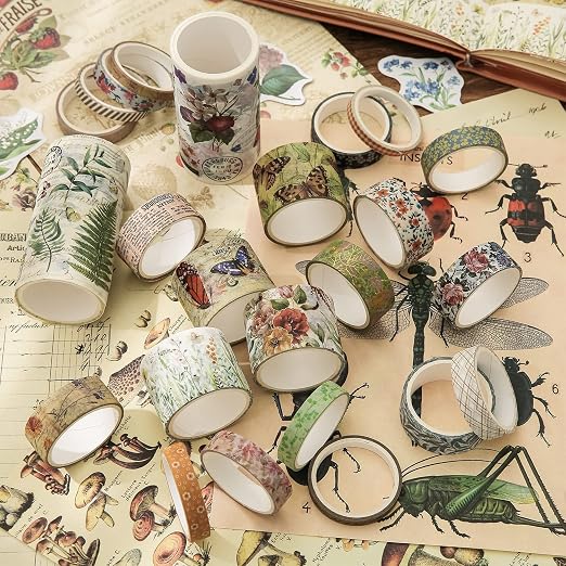 24 Rolls Vintage Washi Tape Set, Floral Letter Butterfly Mushroom Botanical - Image 9