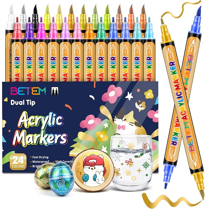 Betem Dual Tip Acrylic Paint Pens, 24 Metallic Paint Markers by BetemArtWorld
