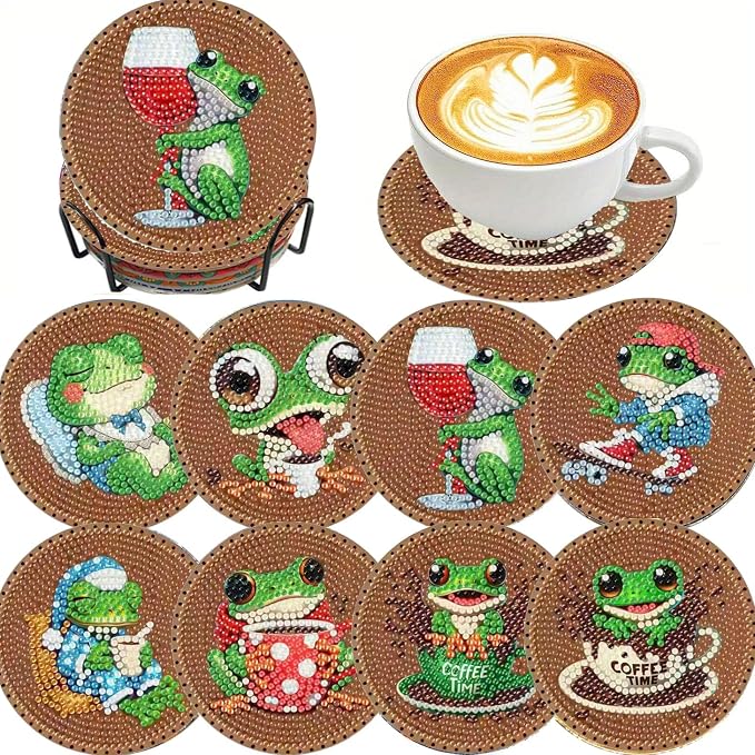 Clendo 8 PCS Coffee Frog Diamond Art Coaster Kits by Clendo