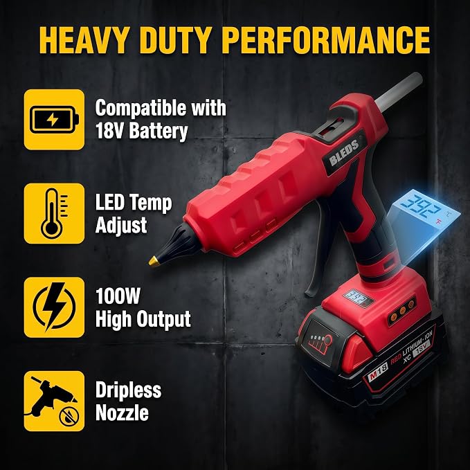 BLEDS 100W Cordless Glue Gun for Milwaukee 18V, LED Temp Adjust, Tool Only | - Image 2