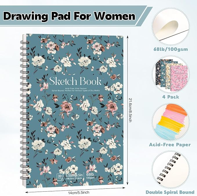 4 Pack Sketch Book, 5.5 x 8.5 Inch Sketchbook, 68lb/100gsm Top Spiral Bound - Image 3