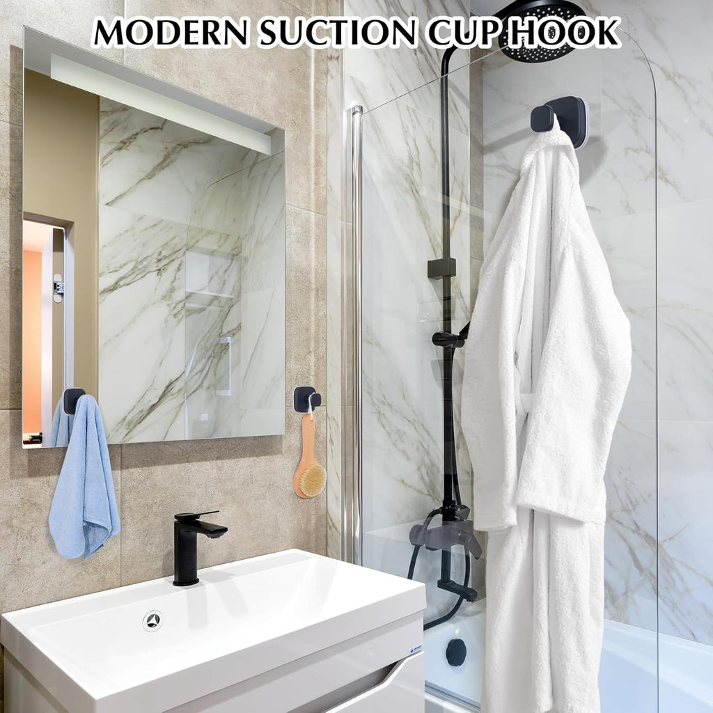 Suction Cup Hooks for Shower - Reusable No-Drill Mounting - Hooks for Towels, Robes & Loofah on Metal, Glass, Mirrors, Tile & Smooth Non-Porous Surfaces (4, Matte Black)