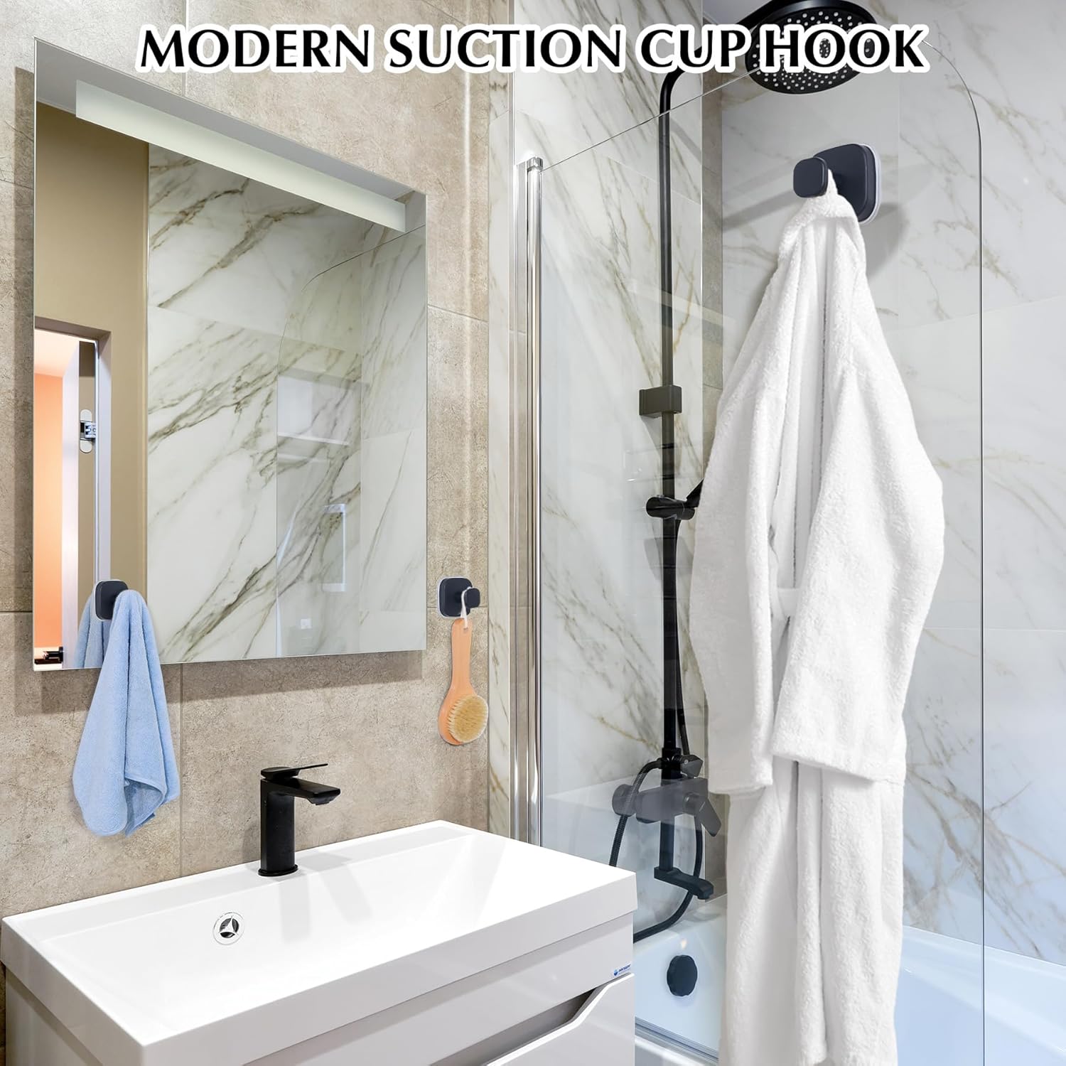 Suction Cup Hooks for Shower - Reusable No-Drill Mounting - Hooks for Towels, Robes & Loofah on Metal, Glass, Mirrors, Tile & Smooth Non-Porous Surfaces (4, Matte Black)