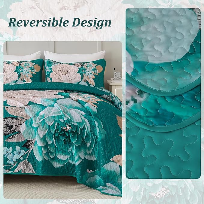 WONGS BEDDING Teal Boho Floral Quilt Set King, 3 Pieces Elegant Flower - Image 4