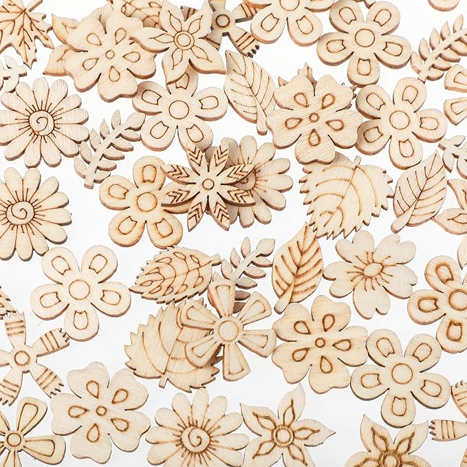 100 Pack Wooden Flower Cutouts for Crafts, 20mm Wood Spring Ornaments to Paint by Xinjoduz