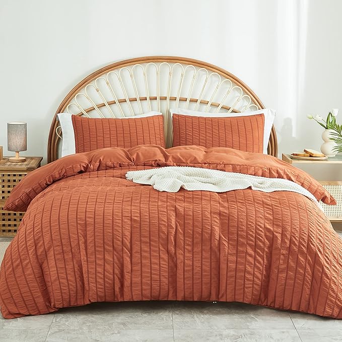 AveLom Terracotta Seersucker Duvet Cover Set Full Size, 3 Pieces, Ultra Soft by AveLom