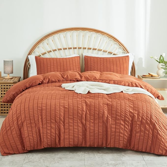 AveLom Terracotta Seersucker Duvet Cover Set Queen Size, 3 Pieces, Ultra Soft by AveLom