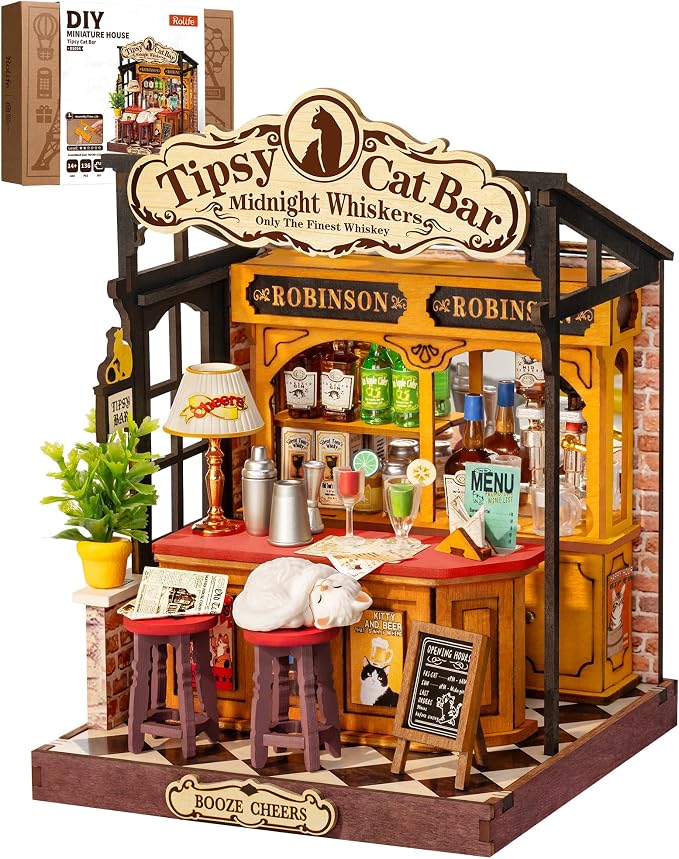 Rolife Miniature House Kit for Adults Tipsy Cat Bar DIY Wooden Dollhouse Kit by Rolife