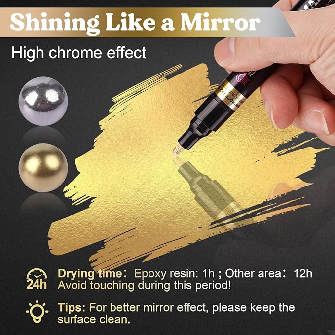 LET'S RESIN 6Pcs Mirror Chrome Markers, 3 Sizes Shiny Chrome Paint Pen - Image 4